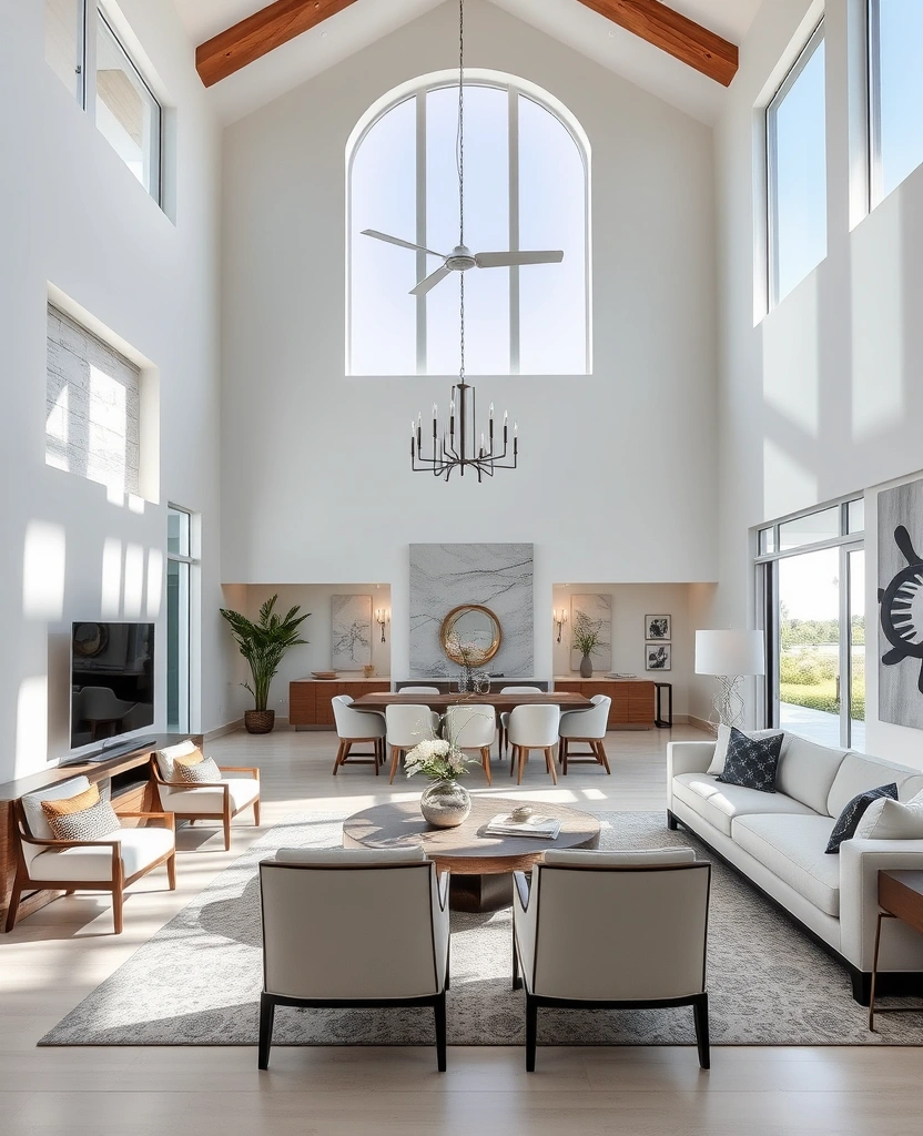 Bright open-concept living space with natural light and contemporary coastal design