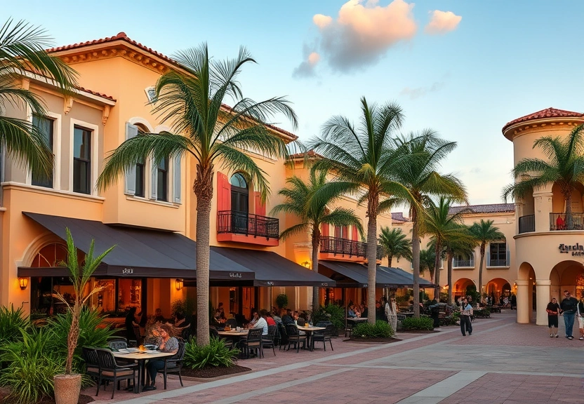 Charming Southwest Florida town center with outdoor dining and Mediterranean architecture
