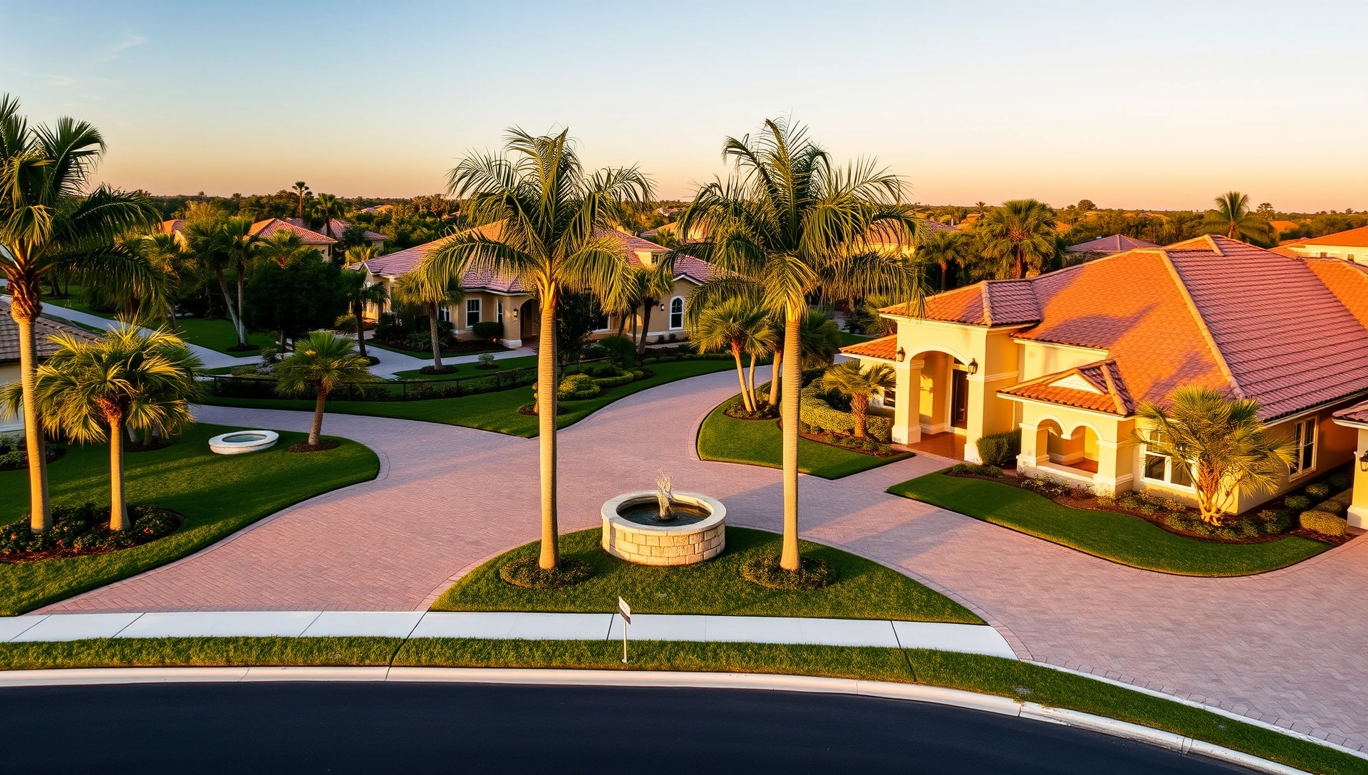 Aerial view of Neal Villa Homes community at golden hour