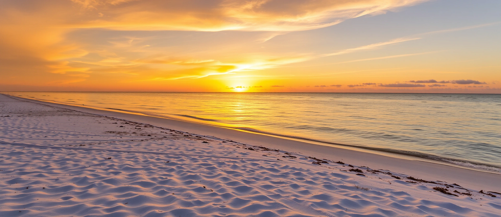 Serene Southwest Florida Gulf beach at sunset with calm waters and golden light